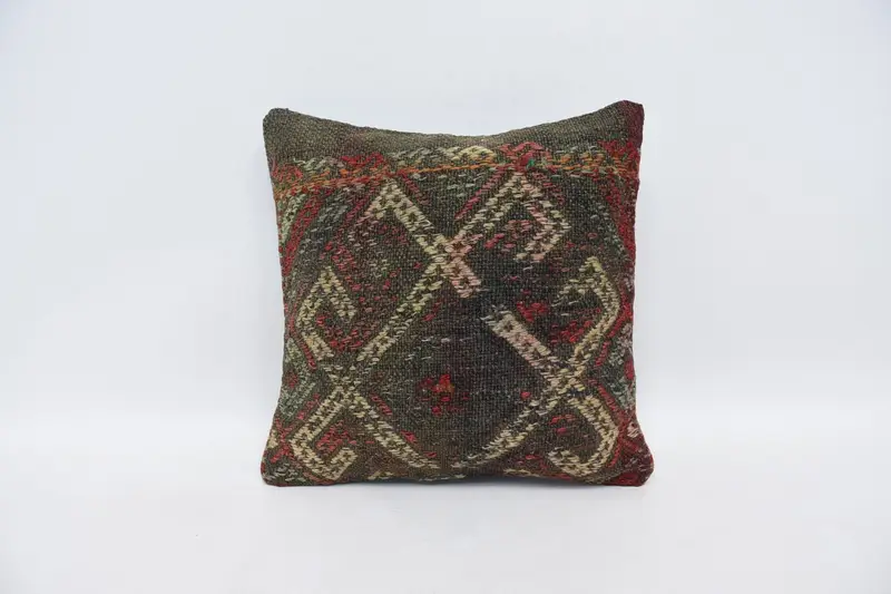 Antique Pillows, Kilim Pillow Cover, 14x14 Brown Pillow Cover, Cushion Cover, Handmade Kilim Cushion, Handmade Throw Pillow Case - 1