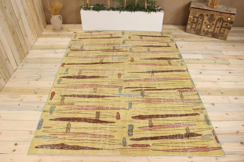 Handmade Yellow Rug, 0.5x8.8 ft Striped with Geometric Shapes