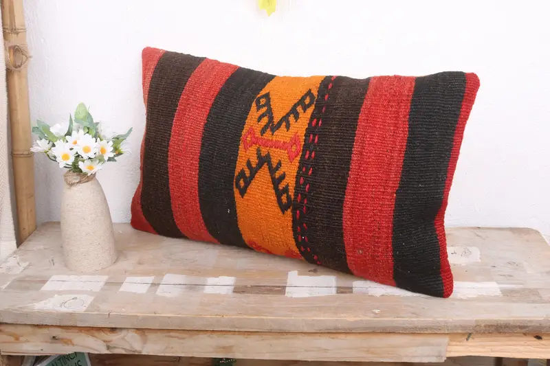 Turkish Pillow, Sustainable Pillow Cover, Ethnical Kilim Rug Pillow, 12x20 Brown Pillow Cover, Vintage Kilim Throw Pillow, Pillow Case - 4