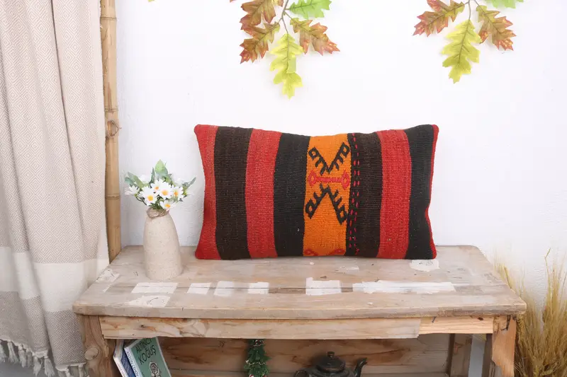 Turkish Pillow, Sustainable Pillow Cover, Ethnical Kilim Rug Pillow, 12x20 Brown Pillow Cover, Vintage Kilim Throw Pillow, Pillow Case - 1