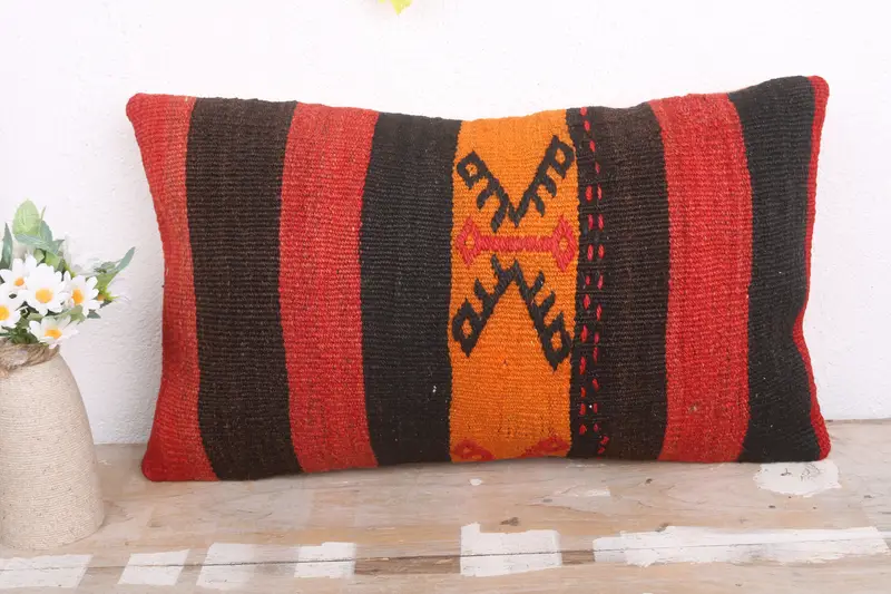 Turkish Pillow, Sustainable Pillow Cover, Ethnical Kilim Rug Pillow, 12x20 Brown Pillow Cover, Vintage Kilim Throw Pillow, Pillow Case - 2