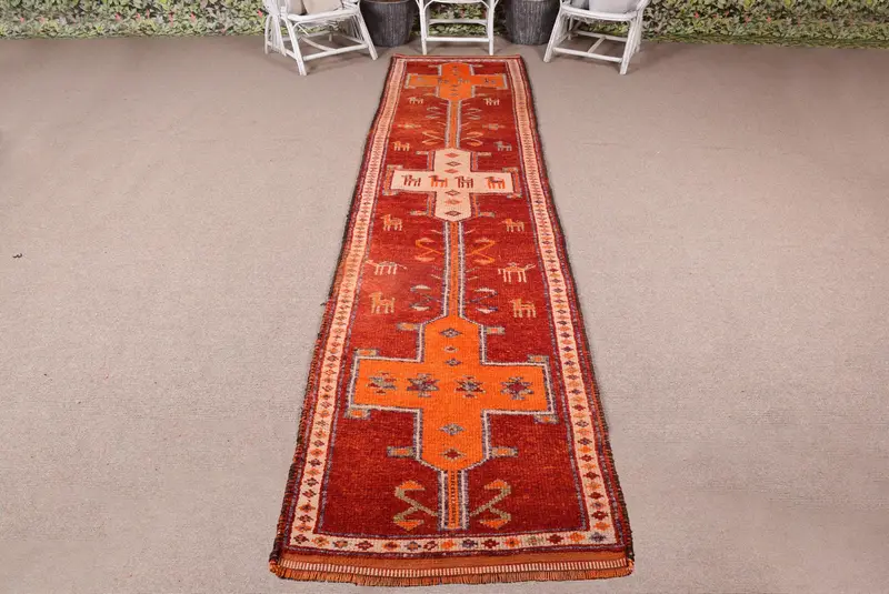 Türk Vintage Halı 3x12.8 ft, Kırmızı Turuncu Halı - 1