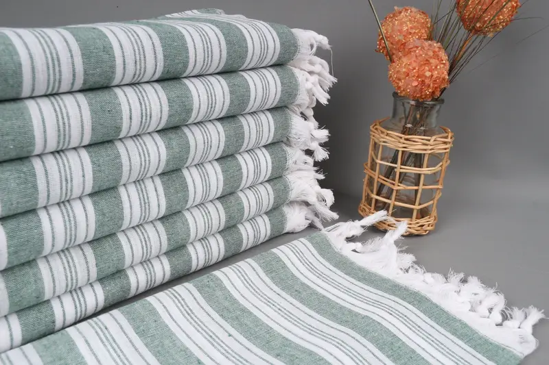 Turkish Bath Towel Dark Green Striped, Organic Cotton, 71x40 Inches