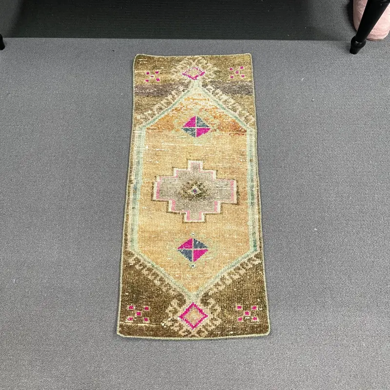 Vintage 1.1x2.7 ft Rug, Oushak Turkish Rug, Brown Floral Wool Rug - 1