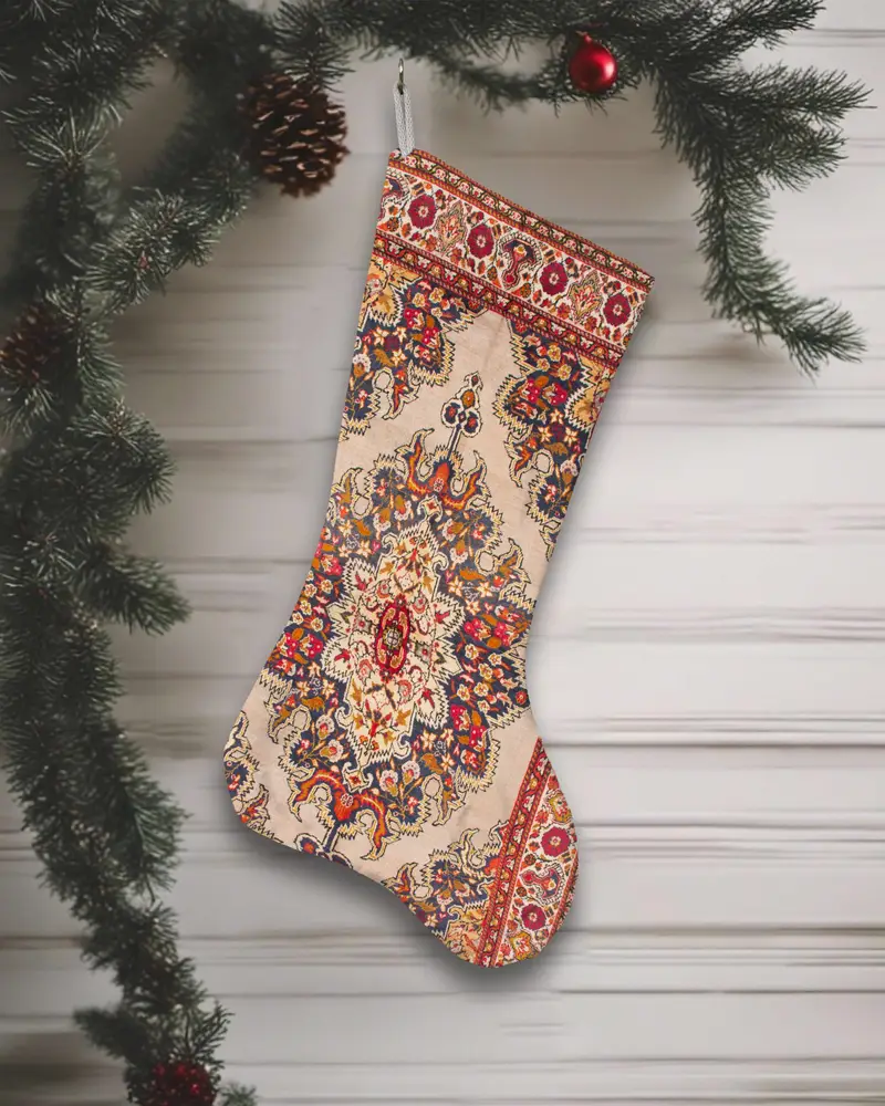 Kırmızı Süslemeli Zarif Bej Noel Çorabı, Şenlikli Pamuklu Şömine Çorabı