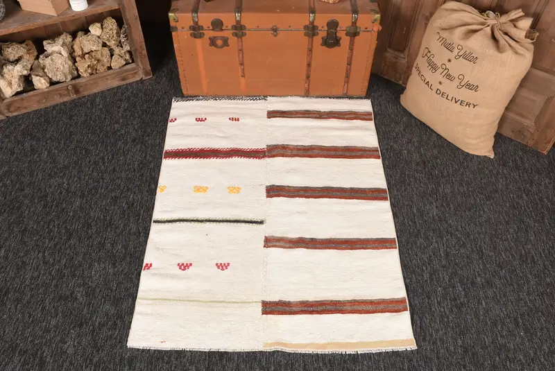 Alfombra de 3,5x4,6 pies, alfombra turca vintage, alfombra de lana a rayas naranja blanca - 1