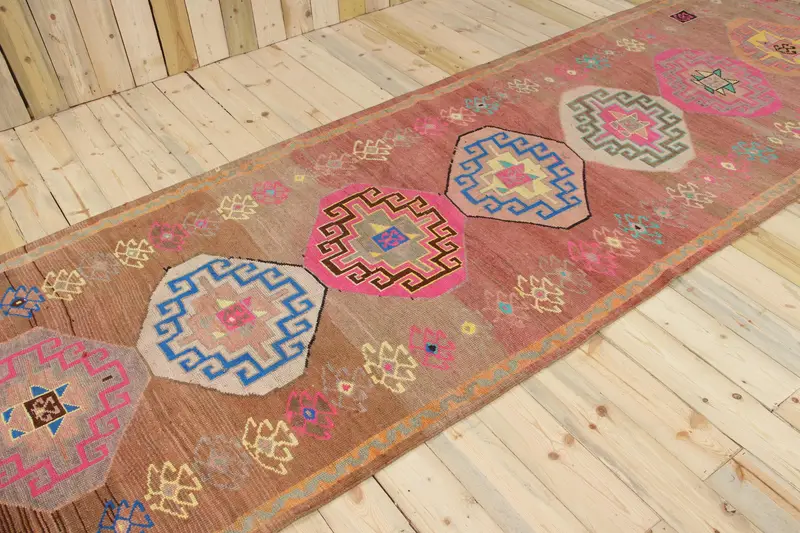 4.4x13.1 ft Vintage Türk Halısı, Yolluk Halısı, Oushak Kahverengi Yün Halısı - 1