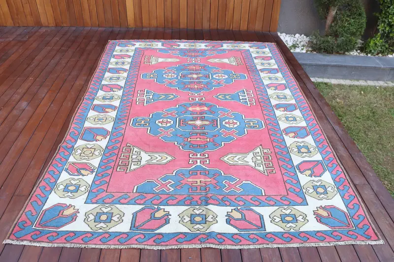 Vintage Türk Halısı 6.1x9.4 ft, Kırmızı Oushak Çiçekli Halı - 1