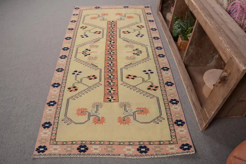 エレガントなグリーン オリエンタル ラグ、3.6x7.2 フィート、オレンジのアクセント付き