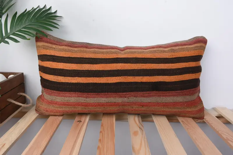 Turkish Pillow, Pillow, Morroccon Kilim Cushion Cushion, Home Decor Pillow, Patio Cushion, 12x24 Orange Cushion Case, Pillow for Couch - 1