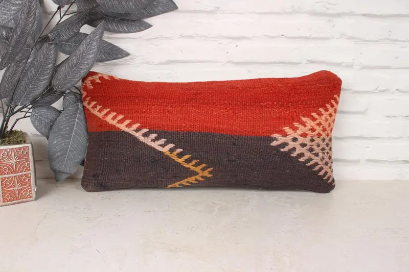 Vintage Kilim Throw Pillow, Bohemian Cushion Cushion Case, Kilim Pillow Cover, Cushion, Seat Cushion Cover, Kilim Pillow, 10x20 Red Pillow - 1
