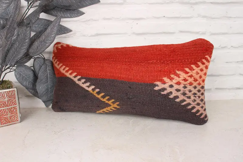 Vintage Kilim Throw Pillow, Bohemian Cushion Cushion Case, Kilim Pillow Cover, Cushion, Seat Cushion Cover, Kilim Pillow, 10x20 Red Pillow - 4