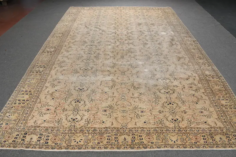 Oushak Turkish Rug, 7.8x11.6 ft Vintage Rug, Brown Check Wool Rug - 1
