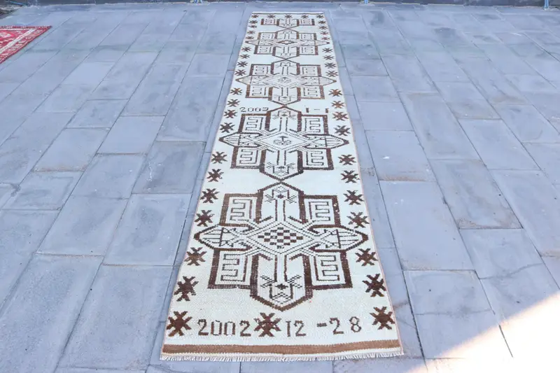 2.6x10 ft Runner Vintage Rug, Turkish Rug, Brown White Patchwork Wool Rug - 1