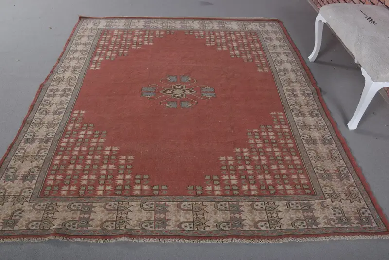 Turkish Rug, Large 6.7x7.4 ft Vintage Rug, Red Ombré Wool Rug - 1