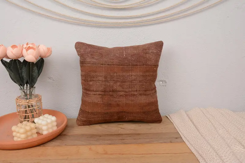 Kilim Pillow Cover, Antique Pillows, 14x14 Brown Pillow Case, Handwoven Pillow Sham, Handwoven Pillow Cover Pillow, Turkish Pillow, Pillow Case - 2