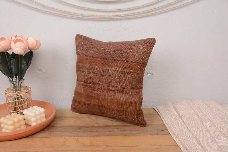 Kilim Pillow Cover, Antique Pillows, 14x14 Brown Pillow Case, Handwoven Pillow Sham, Handwoven Pillow Cover Pillow, Turkish Pillow, Pillow Case - 4