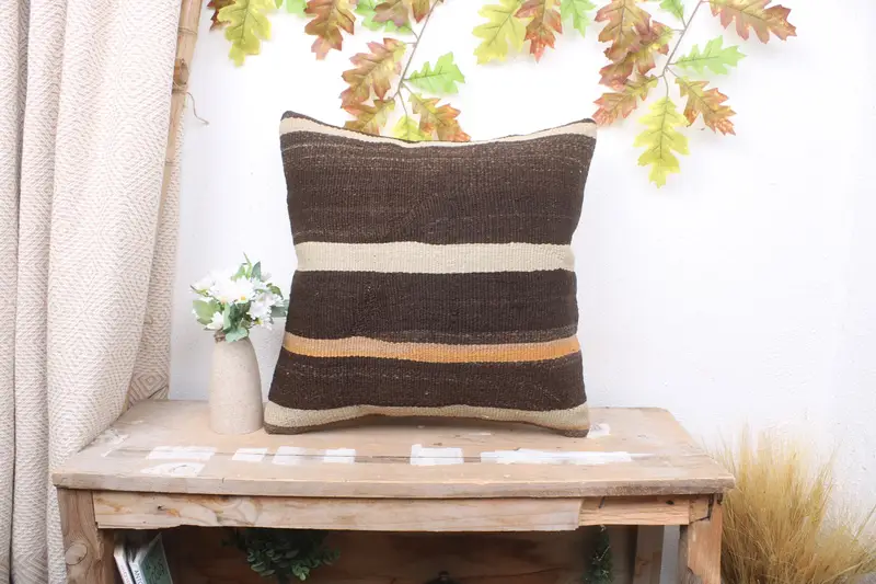 Pillow Cover, Office Chair Cushion Case, Retro Cushion, 18x18 Brown Cushion Case, Handmade Kilim Cushion, Ethnical Kilim Rug Pillow, Pillow for Sofa - 1
