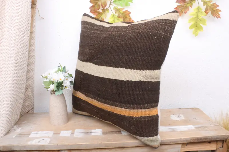 Pillow Cover, Office Chair Cushion Case, Retro Cushion, 18x18 Brown Cushion Case, Handmade Kilim Cushion, Ethnical Kilim Rug Pillow, Pillow for Sofa - 4