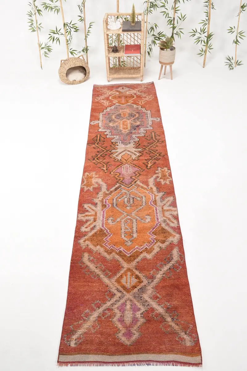 2,8x11,3 ft Teppich, Vintage Türkischer Teppich, Rot Orange Floraler Wollteppich - 1
