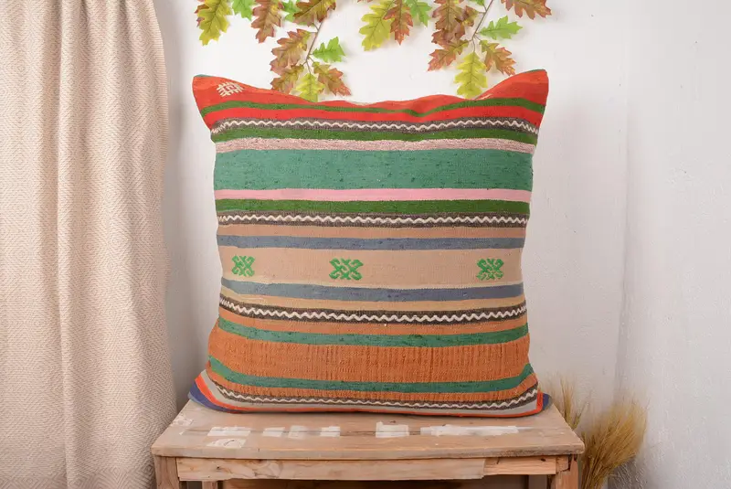 Handcrafted Green & Orange Striped Throw Pillow, Vintage Embroidered Cushion