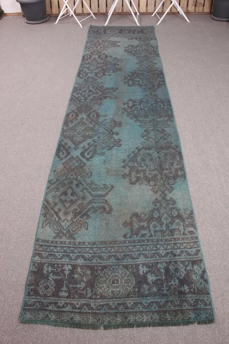 Handmade Green & Blue Rug, 2.6x10.8 ft Botanical Design