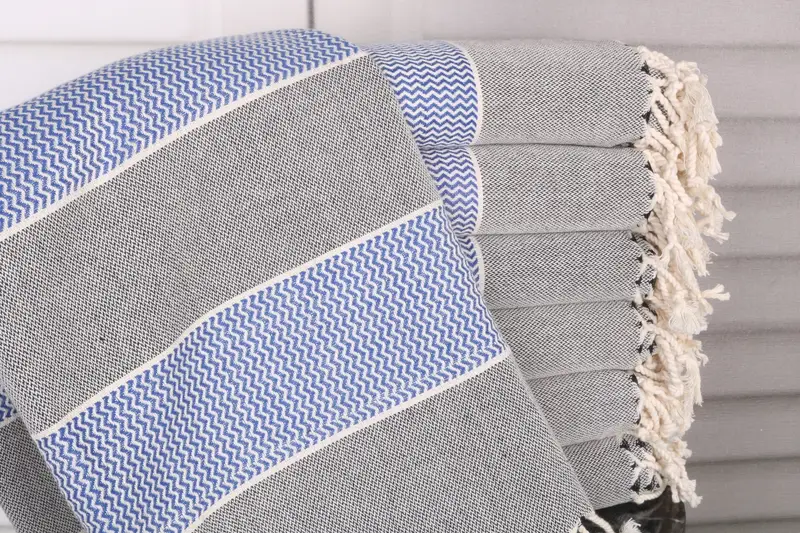 Handmade Beach Towel Blue Stripes Turkish Cotton, 36x71 Inches