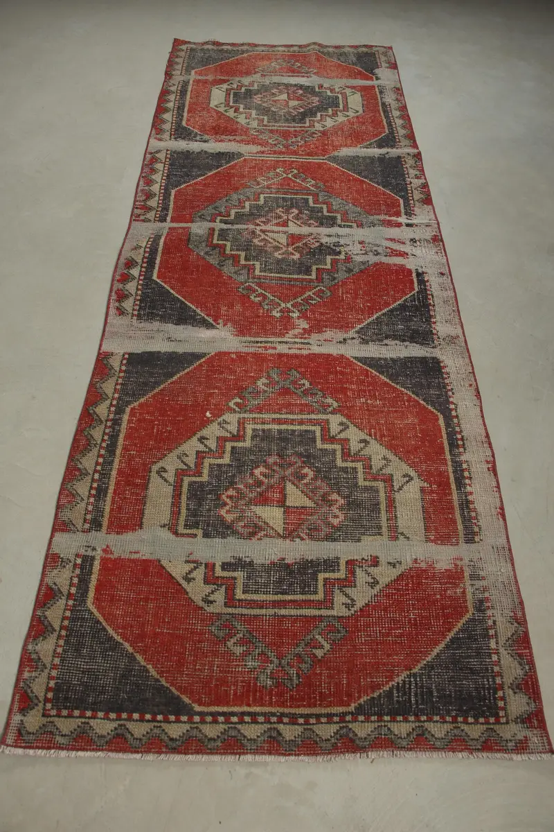 Elegant Red Persian Rug, 3.4x9.9 ft with Black Accents