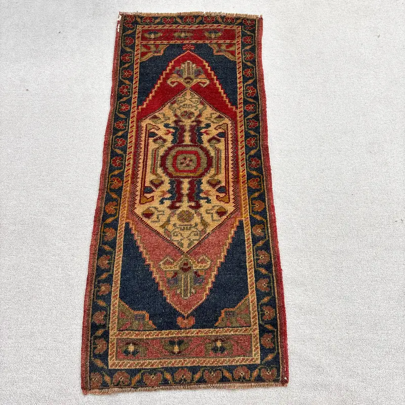 1.8x4.3 ft Oushak Halı, Türk Vintage Halı, Kırmızı Mavi Patchwork Halı - 1