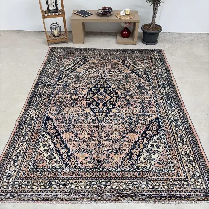 Türk 7.6x9.6 ft Halı, Büyük Boy Vintage Halı, Mavi Bej Soyut Yün Halı - 1