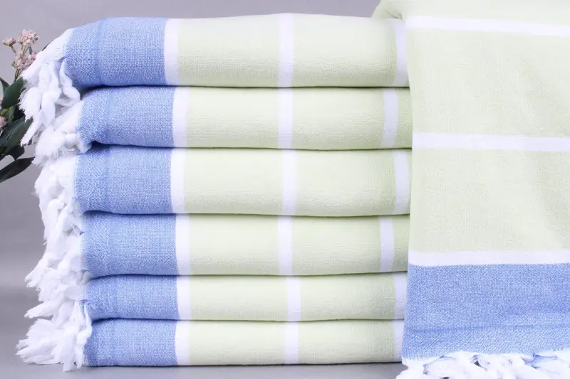 Personalized Towel Olive Green-Sax Blue Striped Terry Towel, 67x40 Inches