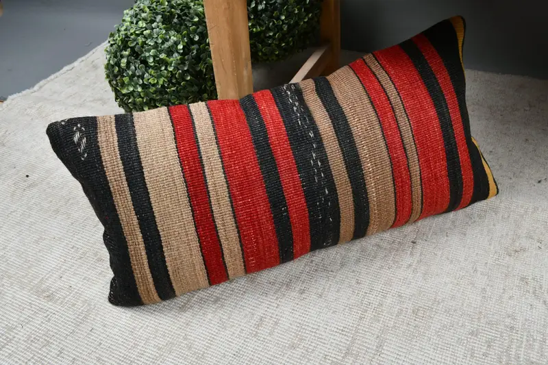 Cushion Cover, Turkish Pillow, Antique Pillows, Wool Kilim Pillow Cushion Cover, 12x24 Red Pillow Sham, Farmhouse Cushion Cover, Pillow for Sofa - 7