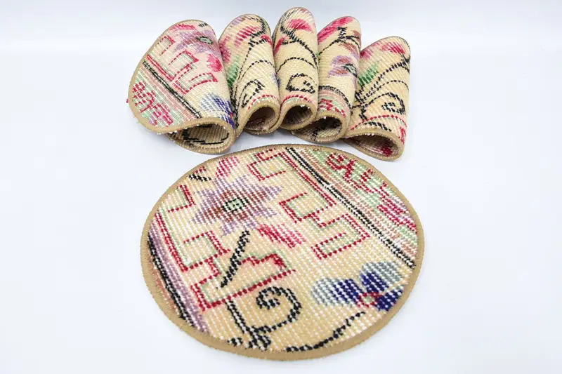 Manteles individuales Boho Circle, manteles individuales Art Déco de lana de algodón rosa y beige