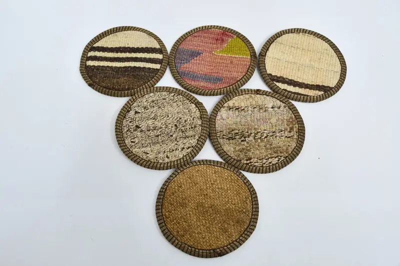 Bohemian Round Coaster Set, Brown and Beige Woven Coasters
