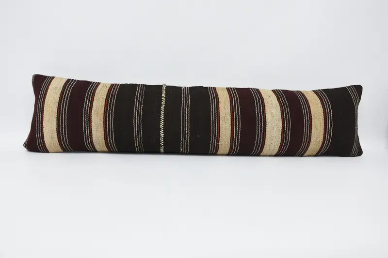 Vintage Moroccan Seasonal Decor Pillow Cover, FloorBrown 30x122 cm Wool Striped Euro Sham - 1