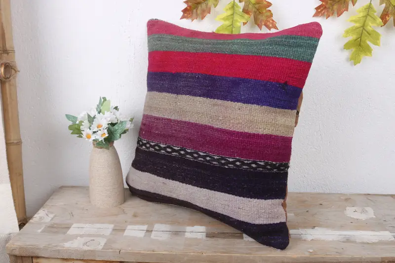 Vintage Kilim Throw Pillow, Pillow Cover, Rustic Cushion Cover, Pillow for Sofa, 16x16 Red Pillow, Patio Cushion Case, Throw Kilim Pillow - 4