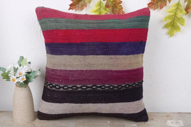 Vintage Kilim Throw Pillow, Pillow Cover, Rustic Cushion Cover, Pillow for Sofa, 16x16 Red Pillow, Patio Cushion Case, Throw Kilim Pillow - 2