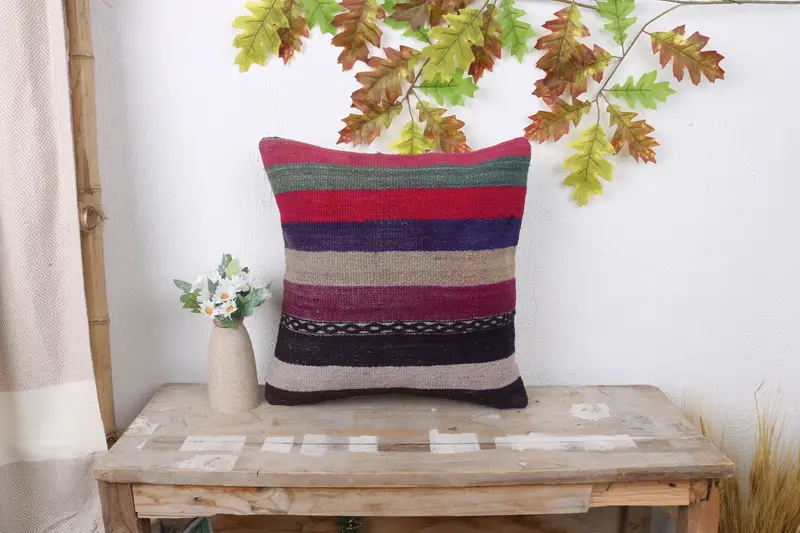Vintage Kilim Throw Pillow, Pillow Cover, Rustic Cushion Cover, Pillow for Sofa, 16x16 Red Pillow, Patio Cushion Case, Throw Kilim Pillow - 1