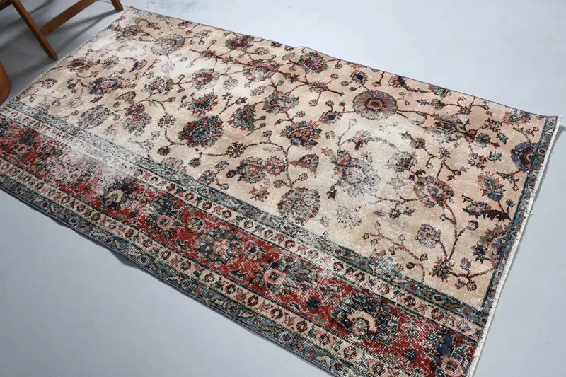 Vintage Alan Halısı, 4.1x7.4 ft Türk Halısı, Kırmızı Oushak Yün Halı - 1