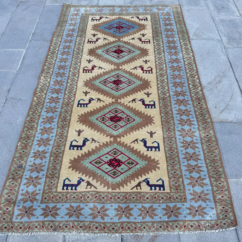 4,4x7,5 ft türkischer Vintage-Teppich, Blauer Oushak-Karoteppich - 1