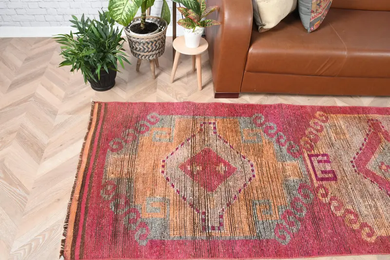 Türkischer Teppich, Läufer 3,1x10,7 ft Vintage Teppich, Rot Orange Floraler Wollteppich - 1