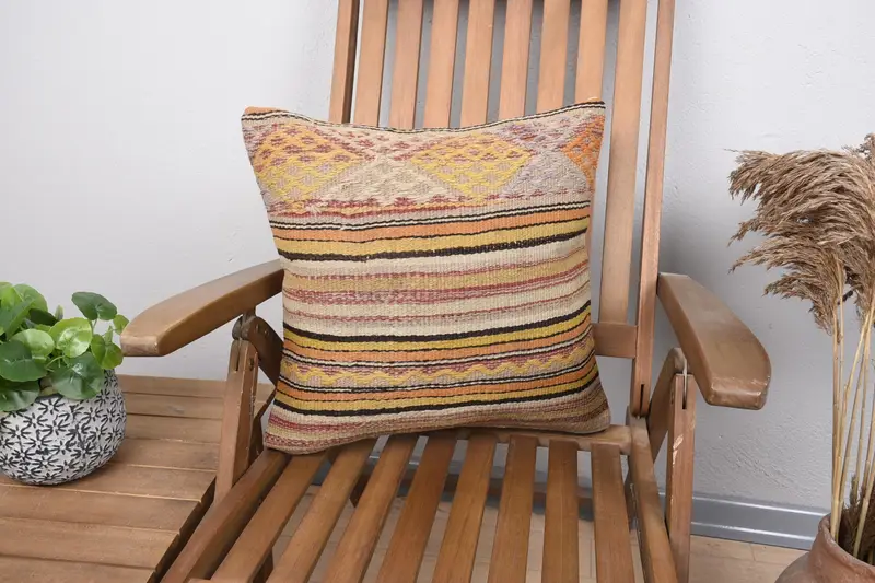 18x18 Yellow Cushion Case, Throw Kilim Pillow, Cotton Pillow Cover, Turkish Pillow, Cushion Case, Vintage Kilim Throw Pillow - 1