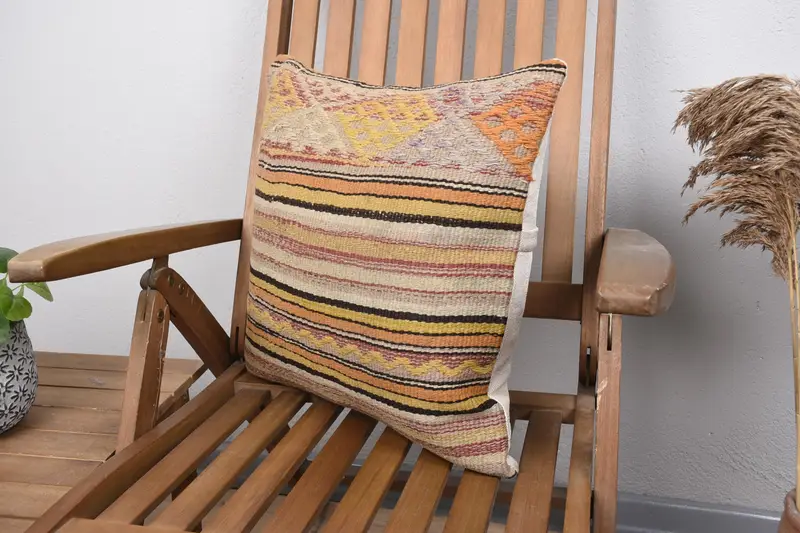 18x18 Yellow Cushion Case, Throw Kilim Pillow, Cotton Pillow Cover, Turkish Pillow, Cushion Case, Vintage Kilim Throw Pillow - 3