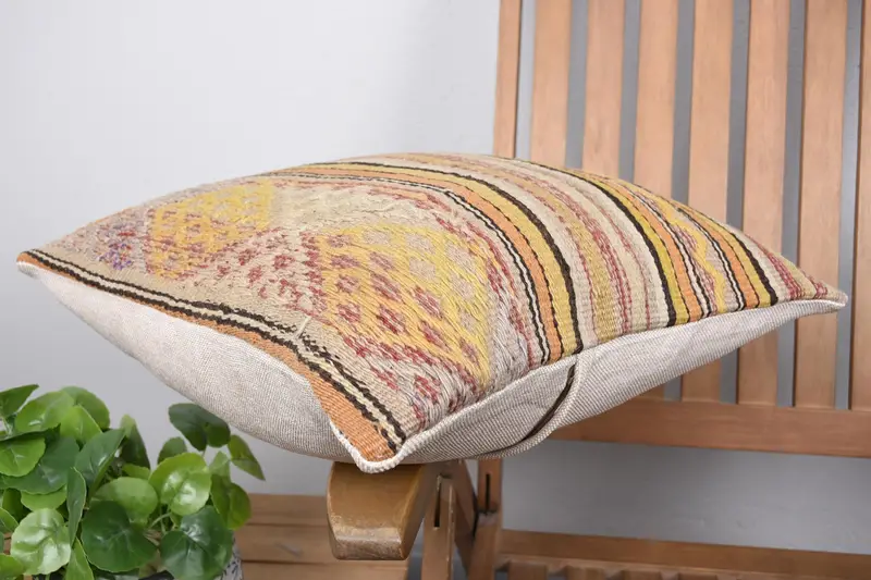 18x18 Yellow Cushion Case, Throw Kilim Pillow, Cotton Pillow Cover, Turkish Pillow, Cushion Case, Vintage Kilim Throw Pillow - 6