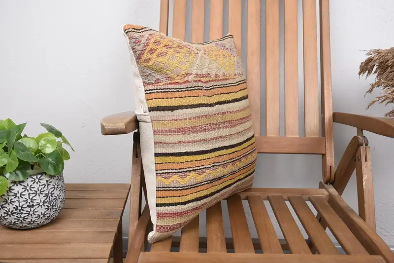 18x18 Yellow Cushion Case, Throw Kilim Pillow, Cotton Pillow Cover, Turkish Pillow, Cushion Case, Vintage Kilim Throw Pillow - 2