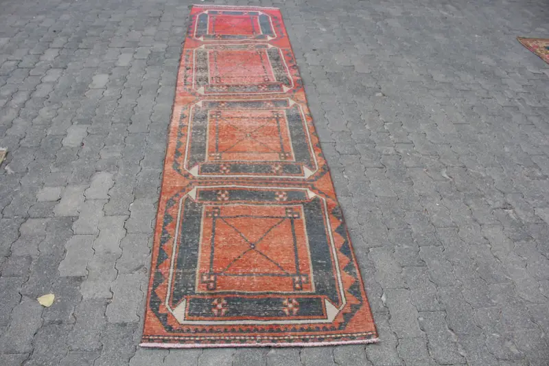 Turkish Vintage Rug, 2.6x11 ft Runner Rug, Red Oushak Floral Rug - 1