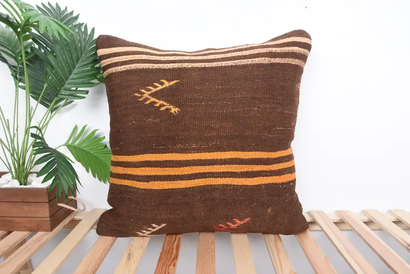 Cushion Case, Ethnical Kilim Rug Pillow, Turkish Kilim Pillow, 24x24 Brown Cushion Cover, Vintage Kilim Throw Pillow - 1