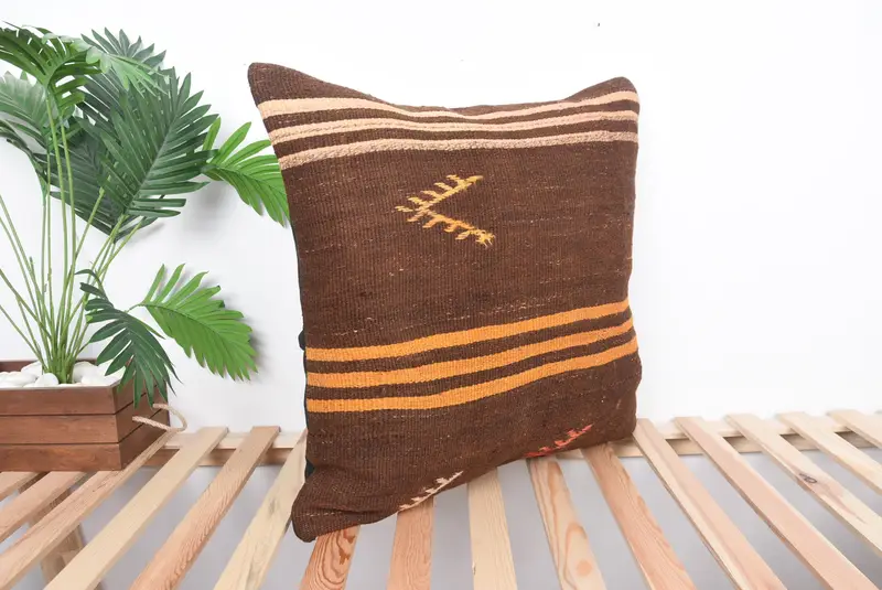 Cushion Case, Ethnical Kilim Rug Pillow, Turkish Kilim Pillow, 24x24 Brown Cushion Cover, Vintage Kilim Throw Pillow - 4
