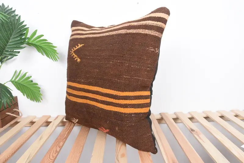 Cushion Case, Ethnical Kilim Rug Pillow, Turkish Kilim Pillow, 24x24 Brown Cushion Cover, Vintage Kilim Throw Pillow - 5