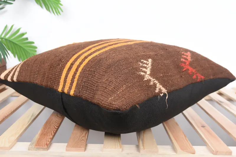 Cushion Case, Ethnical Kilim Rug Pillow, Turkish Kilim Pillow, 24x24 Brown Cushion Cover, Vintage Kilim Throw Pillow - 6